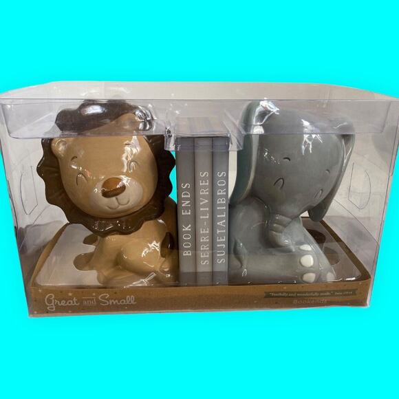 GREAT AND SMALL Bookends Elephant and Lion Ceramic by Baby Aspen - Picture 1 of 8